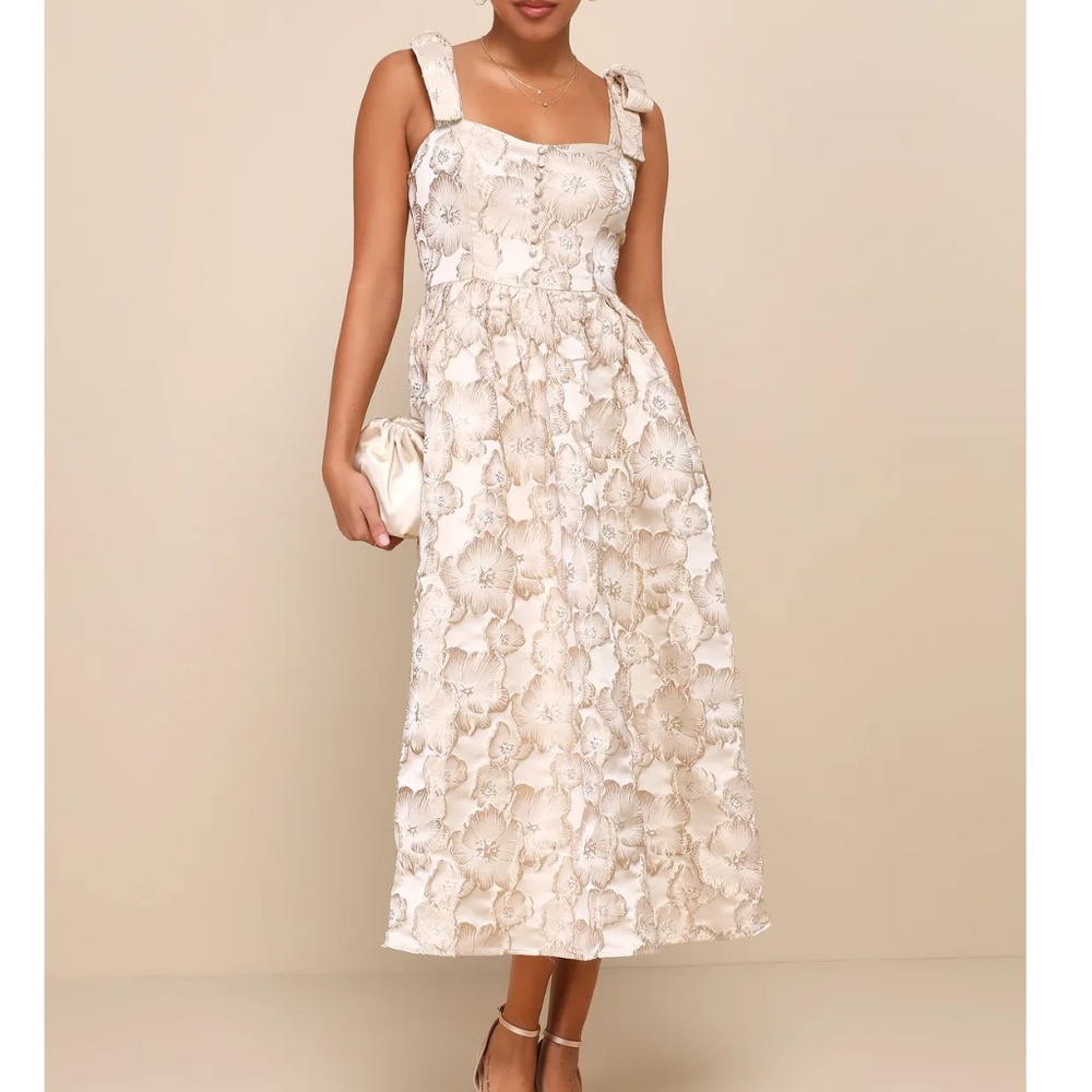 Lulus Unique Beauty Floral Tie Strap Midi Dress in Cream with Pockets sz xs NWT
